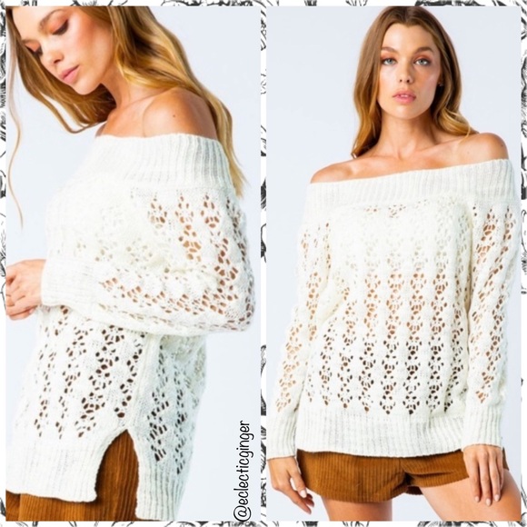 Off white open knit off shoulder long sleeve sweater Size S/M or M/L - Picture 5 of 8